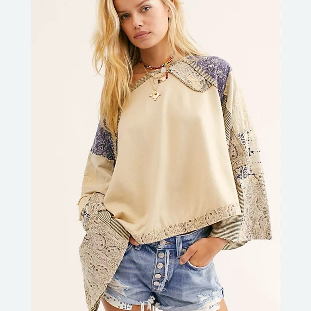 Free People In Pieces Bohemian Patchwork Top Cream and Purple Small